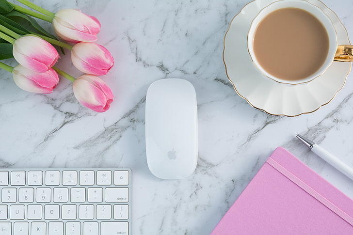 coffee, Cup, tulips, Notepad, keyboard, pink, flowers, tender, HD wallpaper