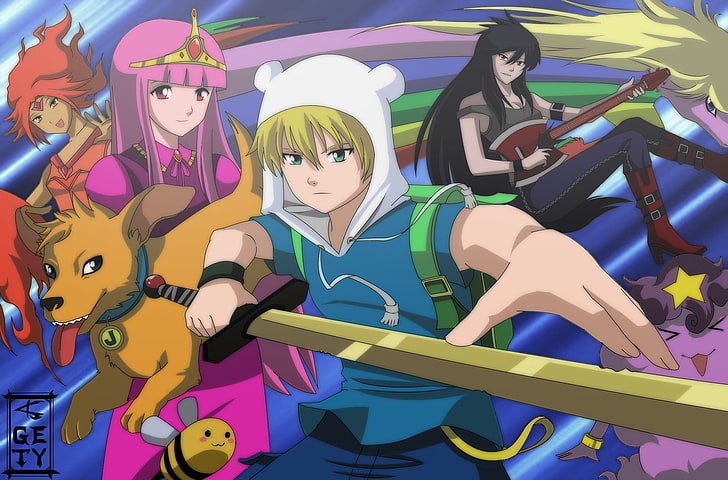 Adventure Time, anime, Flame Princess, Princess Bubblegum, Jake