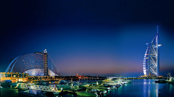 Cityscape, Burj Al Arab, 4K, Night, Jumeirah Beach Hotel, Dubai, HD wallpaper