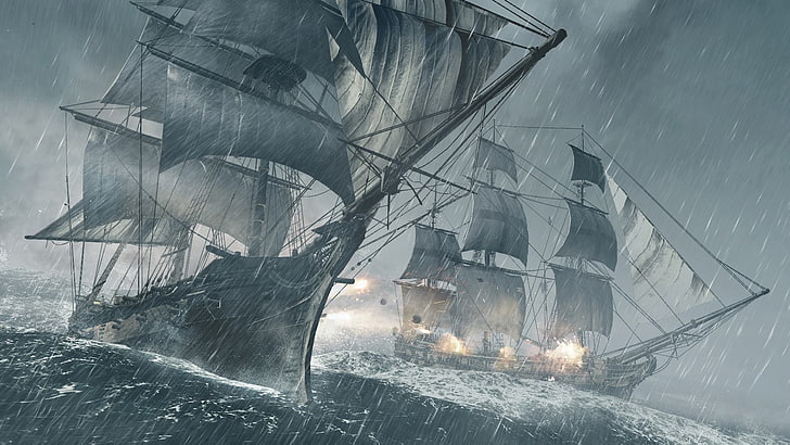 two gray-and-black galleon ships illustration, sea, storm, rain