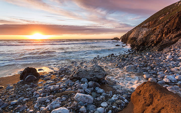 Sunset Beach Ocean Rocks Stones Coast HD, nature