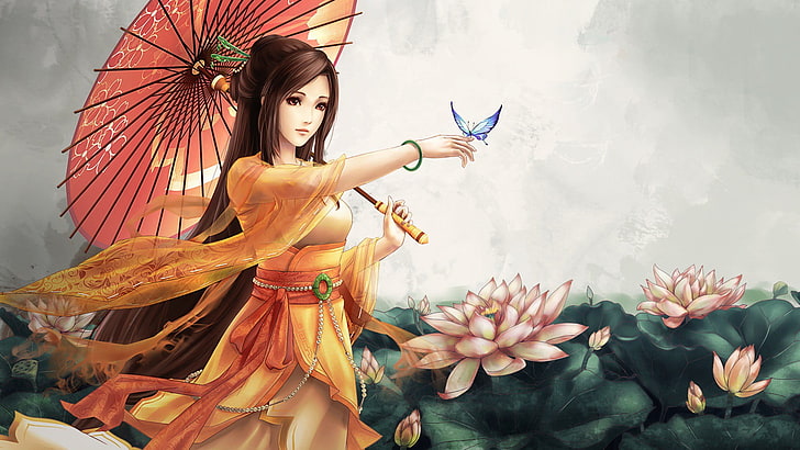 manga, butterfly, umbrella, Asian, anime girls, fantasy art, HD wallpaper