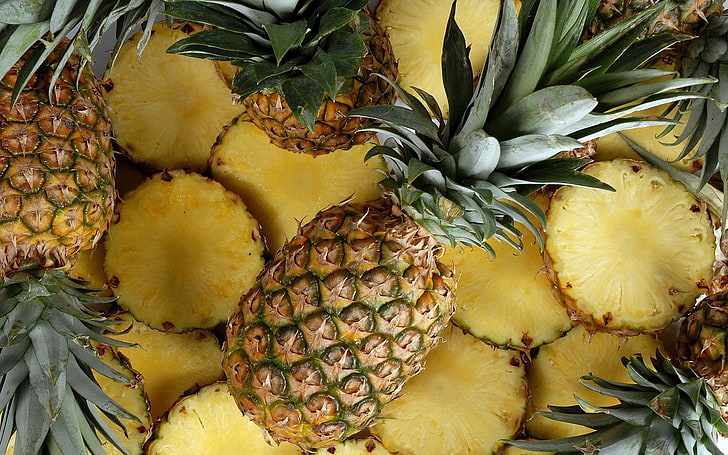 yellow pineapple fruits, pineapples, segments, background, food, HD wallpaper
