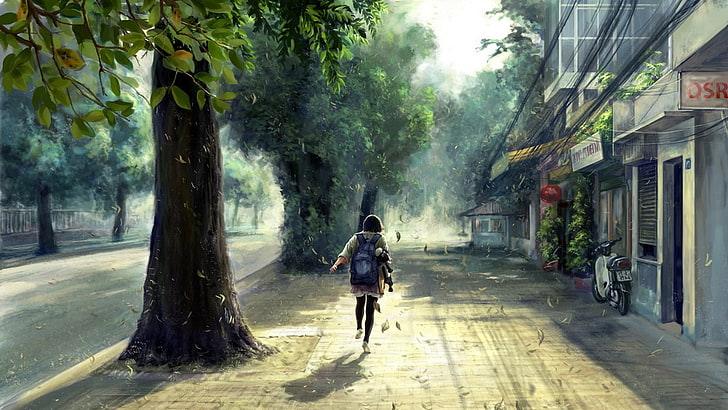 person's black pants, woman running under trees, artwork, building