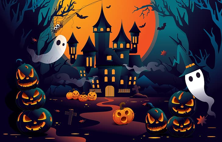 pumpkin, ghost, bats, Halloween, HD wallpaper