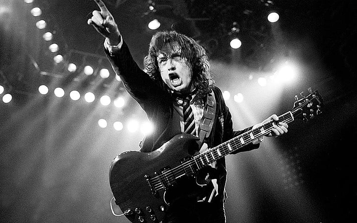 man playing guitar in stage, AC/DC, Angus Young, music, musical instrument, HD wallpaper