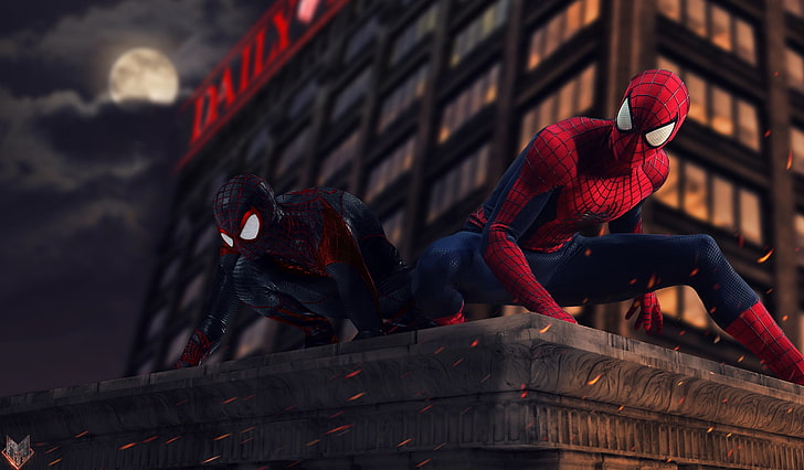 two Marvel Spider-Man's, peter parker, Miles Morales, urban Scene