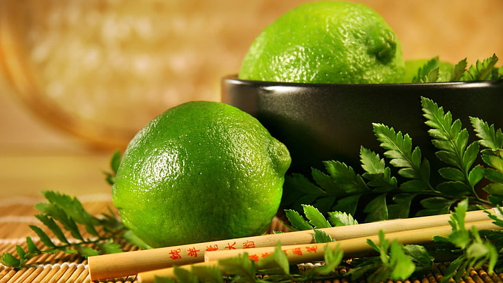 two limes, food, chopstick, food and drink, green color, healthy eating, HD wallpaper
