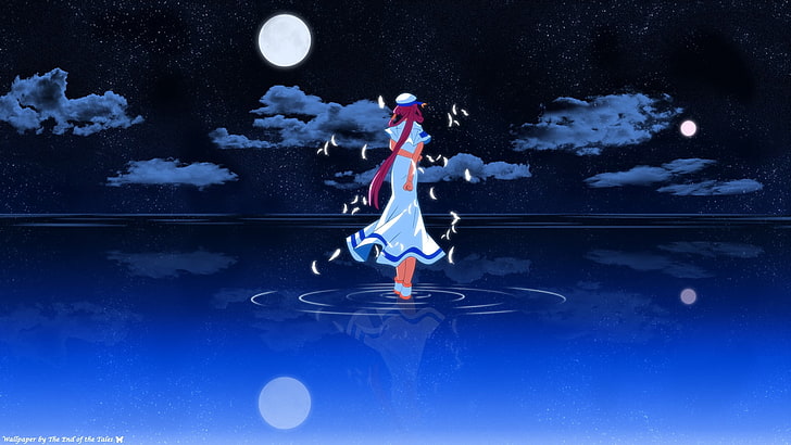 anime girls, Aria, nature, water, one person, moon, blue, motion, HD wallpaper