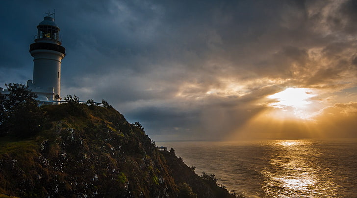 Faroe, sunlight, atlantic ocean, lighthouse, island, sky, water, HD wallpaper