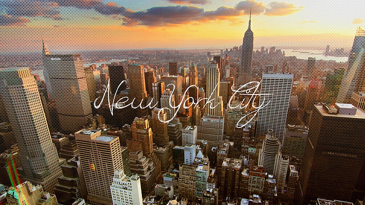 New York text overlay, New York City, cityscape, skyscraper, office building exterior, HD wallpaper