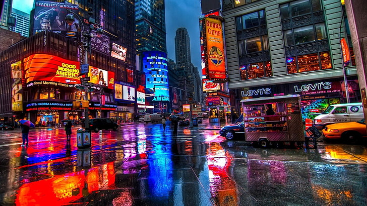 orange and red signage, New York City, Time Square, rain, colorful