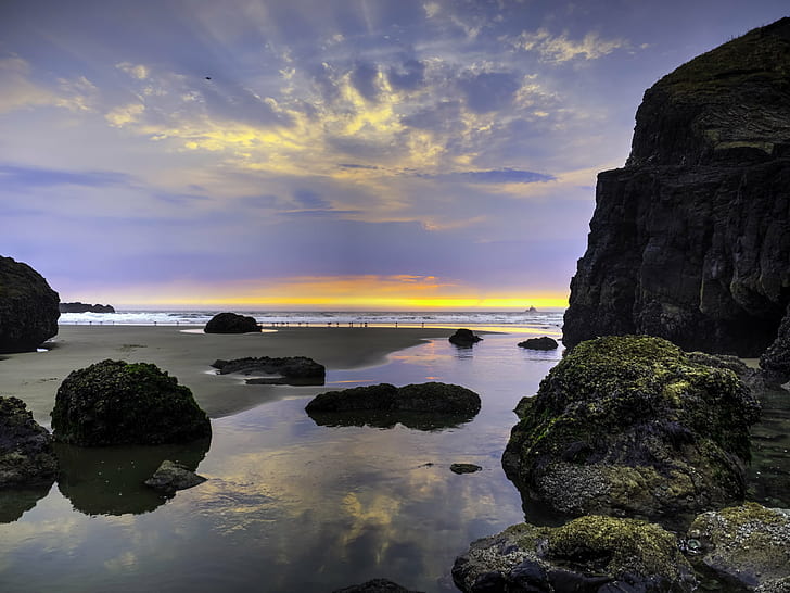 rock formation near ocean water during sunset, Ecola State Park, HD wallpaper