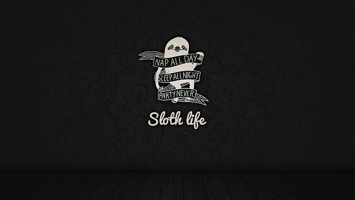 sloth life text, nap all day sleep all night party never sloth life, HD wallpaper