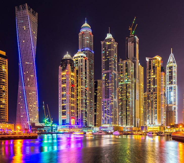 lighted city buildings, lights, colorful, Dubai, night, skyscrapers