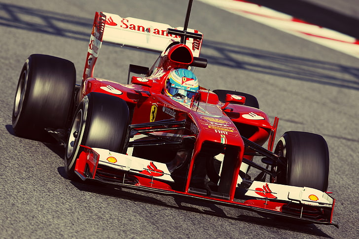 red and white F1 racing, ferrari, alonso, formula 1, sport, competition, HD wallpaper