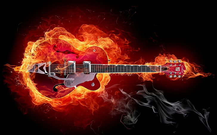 guitar, 3D, artwork, fire, HD wallpaper