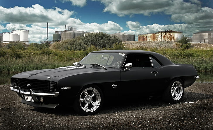 Car, Chevrolet Camaro SS, Muscle Cars, Clouds, black muscle car
