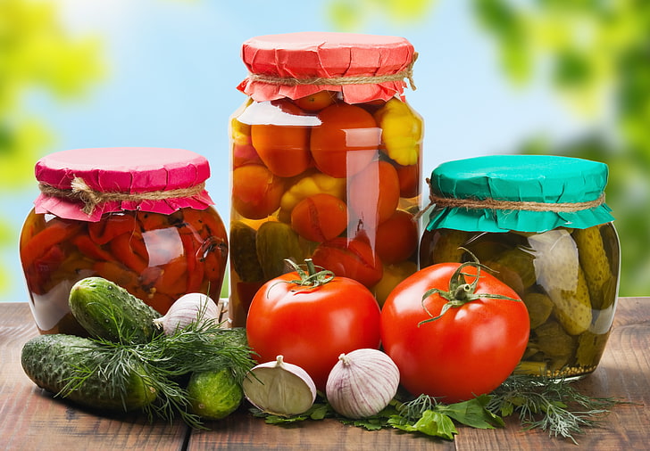 several glass jars, greens, dill, pepper, banks, vegetables, tomatoes, HD wallpaper