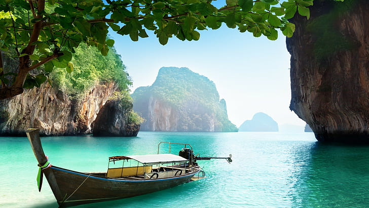rocks, beach, trees, boat, ship, vacation, Thai, water, island, HD wallpaper