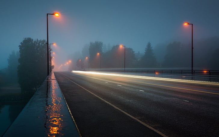 black asphalt road, photography of heavy rain on street, night