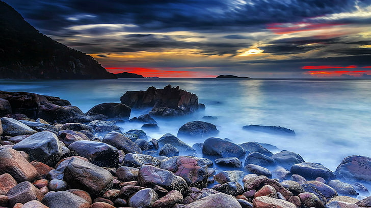 stones, nature, shore, sea, water, sky, coast, rock, twilight