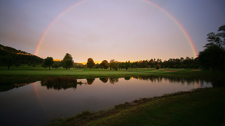 green leafed tree, landscape, rainbows, pond, golf course, reflection