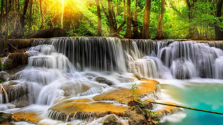 waterfall, erawan waterfall, erawan national park, thailand, HD wallpaper