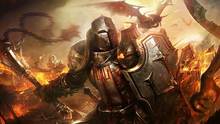 crusaders, shield, fantasy art, Diablo 3: Reaper of Souls, dragon, HD wallpaper