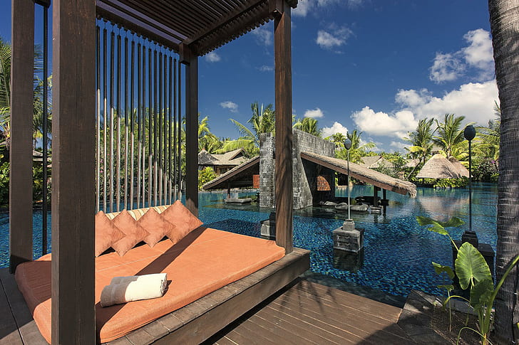 Luxury Pool, orange single mattress, swimming, island, exotic, HD wallpaper