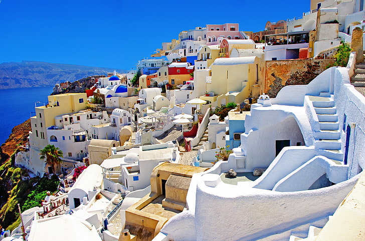 white stairs, sea, nature, home, Santorini, Greece, Oia, cyclades Islands, HD wallpaper