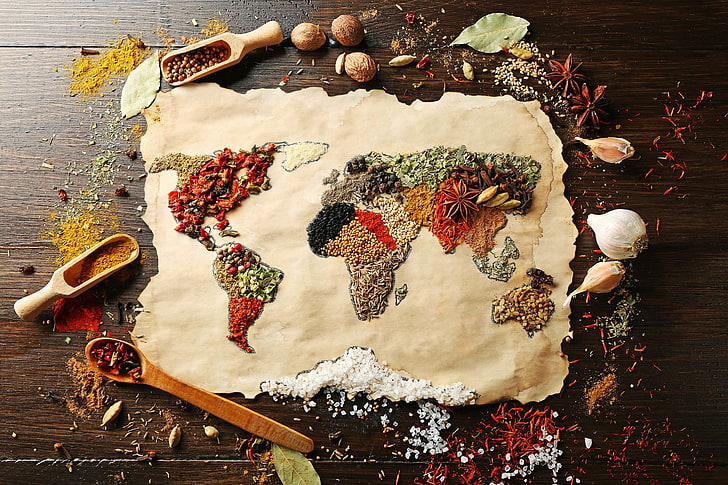 assorted-color spicies world map artwork, spices, food, indoors, HD wallpaper