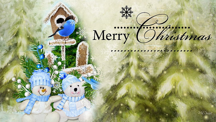 Snowman Teddy Bear, snowflakes, christmas, frost, bird houjse, HD wallpaper