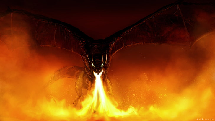 black fire dragon digital wallpaper, fiction, wings, art, mouth