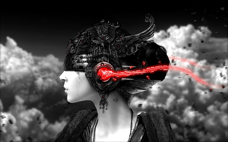 crying woman wearing headphones wallpaper, music, robot, selective coloring