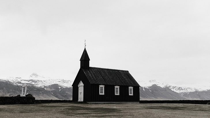 budir church, iceland, black church, mountain, architecture, HD wallpaper