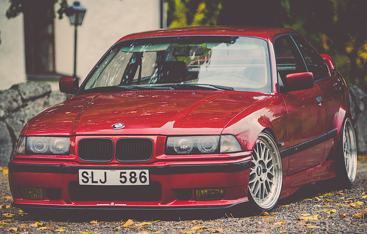 red BMW E36 sedan, tuning, stance, car, land Vehicle, sports Car, HD wallpaper