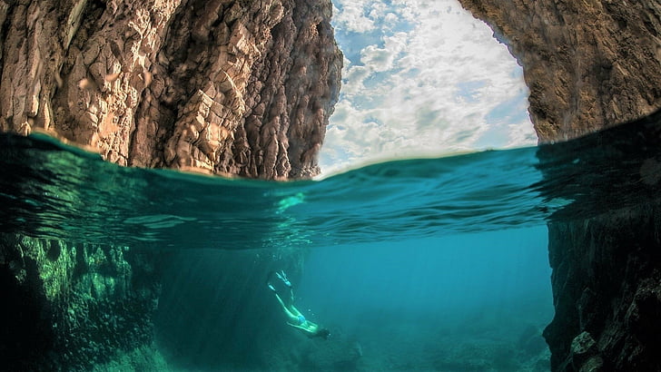 Photography, Ocean, Cave, Rock, Scuba Diver, Sea, Underwater, HD wallpaper