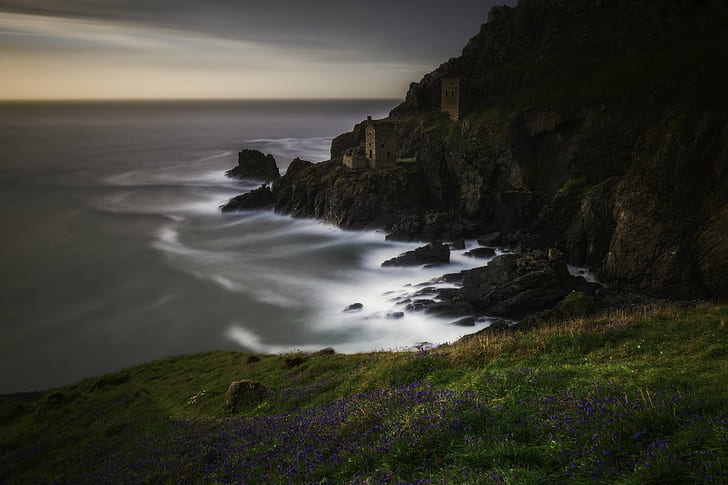 gray concrete structures on rock mountain beside sea, Bluebells, HD wallpaper