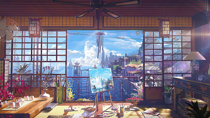 HD wallpaper: ocean view, room, digital art, anime, painting, clutter,  Japanese | Wallpaper Flare