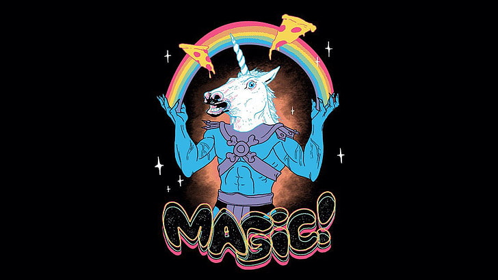white unicorn clip art with magic text overlay, unicorns, rainbows