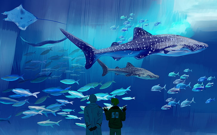 two men in front of fish anime illustration, big, oceanarium