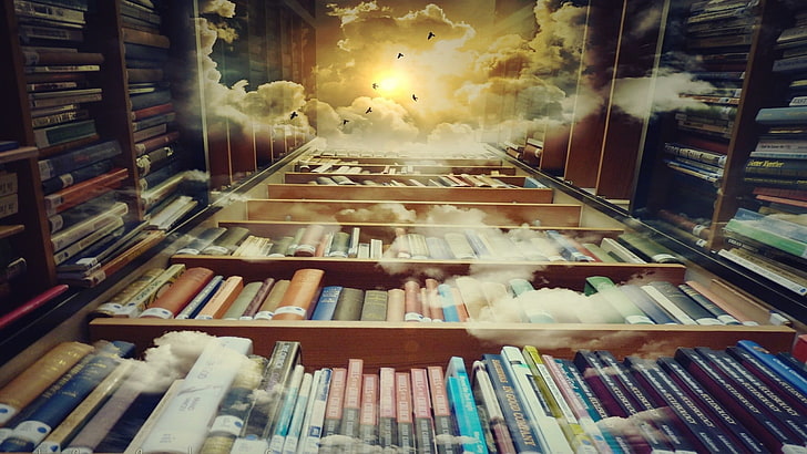 books in shelf painting, sky, clouds, brain, studying, culture, HD wallpaper