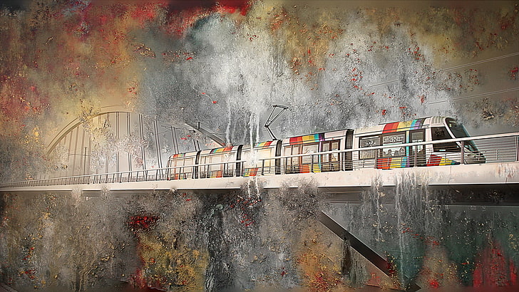 painting of train, artwork, vehicle, built structure, wall - building feature