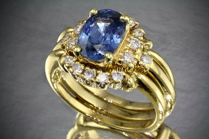 gold-colored and blue gemstone ring, diamonds, precious, jewelry, HD wallpaper