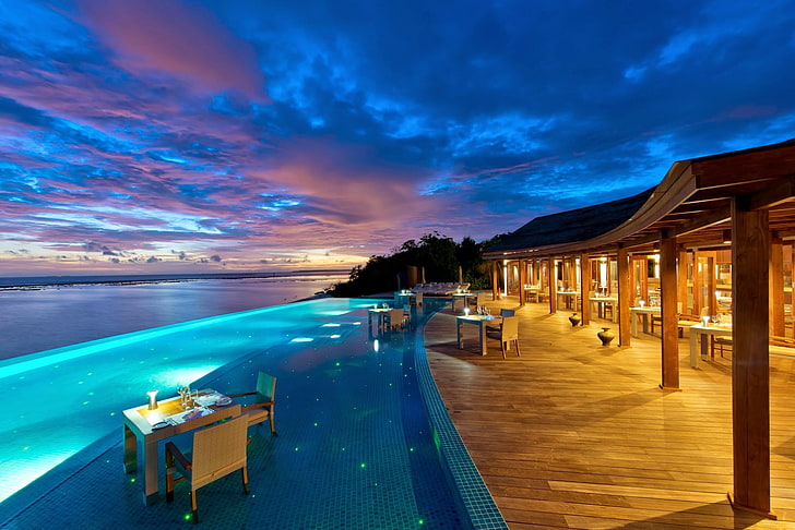 white metal table, holiday, sunset, resort, sea, swimming pool, HD wallpaper