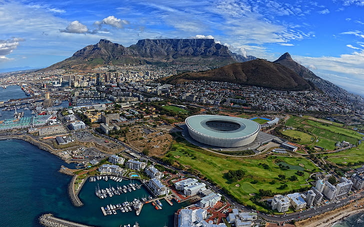 Top view of the city, South Africa, Cape Town, Atlantic Ocean, grey and blue concrete building