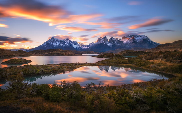South America, Chile, Patagonia, Andes mountains, lake, sunset, HD wallpaper