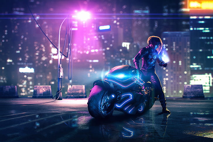 Sci Fi, Cyberpunk, Futuristic, Man, Motorcycle, Night, Vehicle