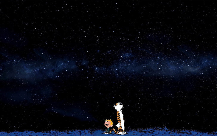 boy standing beside cat illustration, space, stars, blue, comics, HD wallpaper